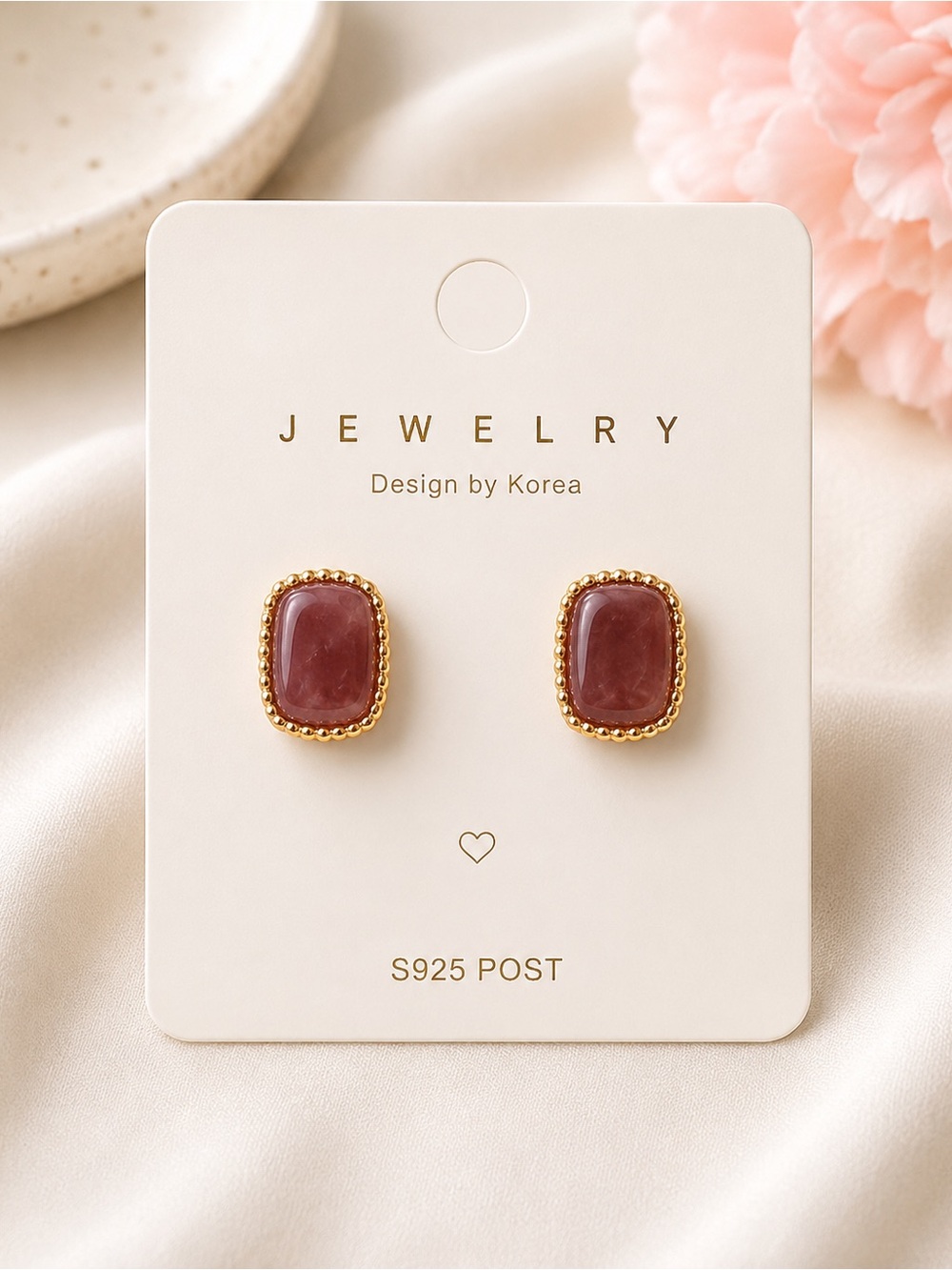 Gold Beaded Framed Rose Quartz Stud Earrings